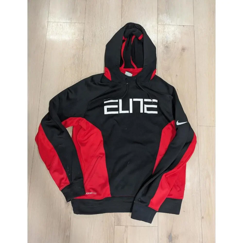 Mens‎ Nike Elite Therma-Fit Black Red Long Sleeve Pullover Hoodie Size Medium M
